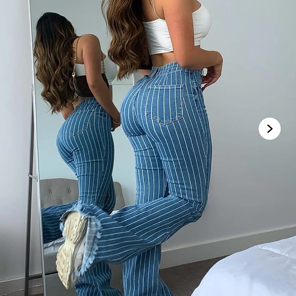 Fashion Nova Blue and White Striped Flare Jeans